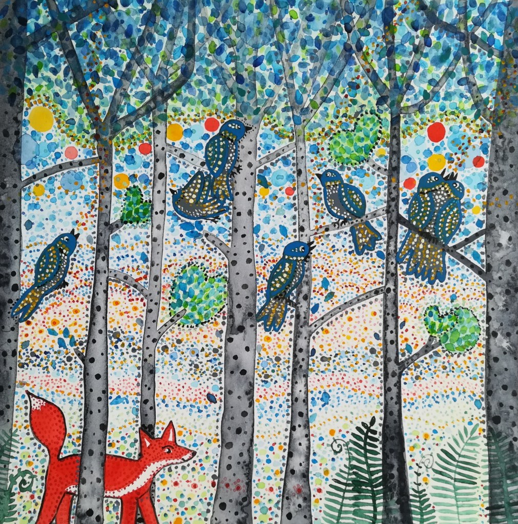 7 oiseaux et un renard dans la forêt
